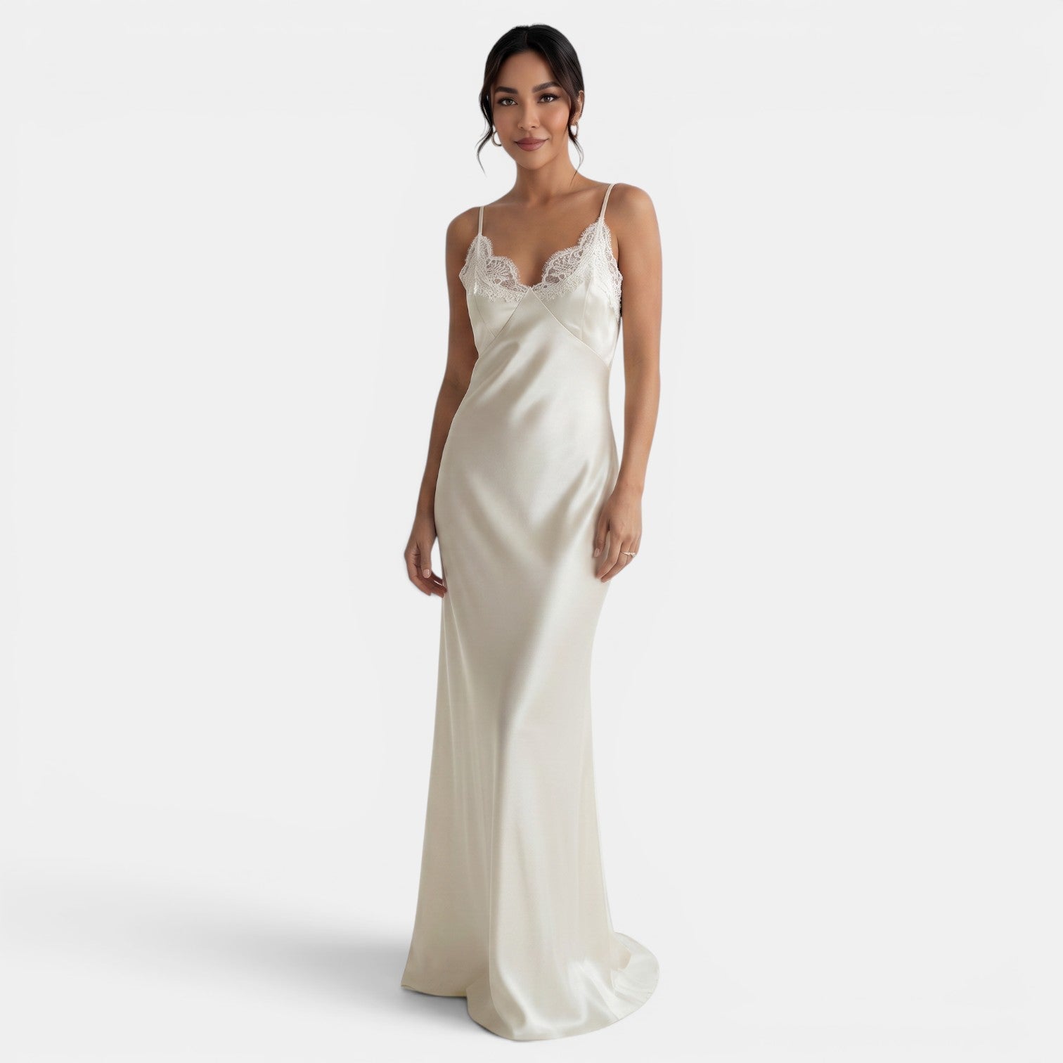 Long Satin V-Neck Lace Dress