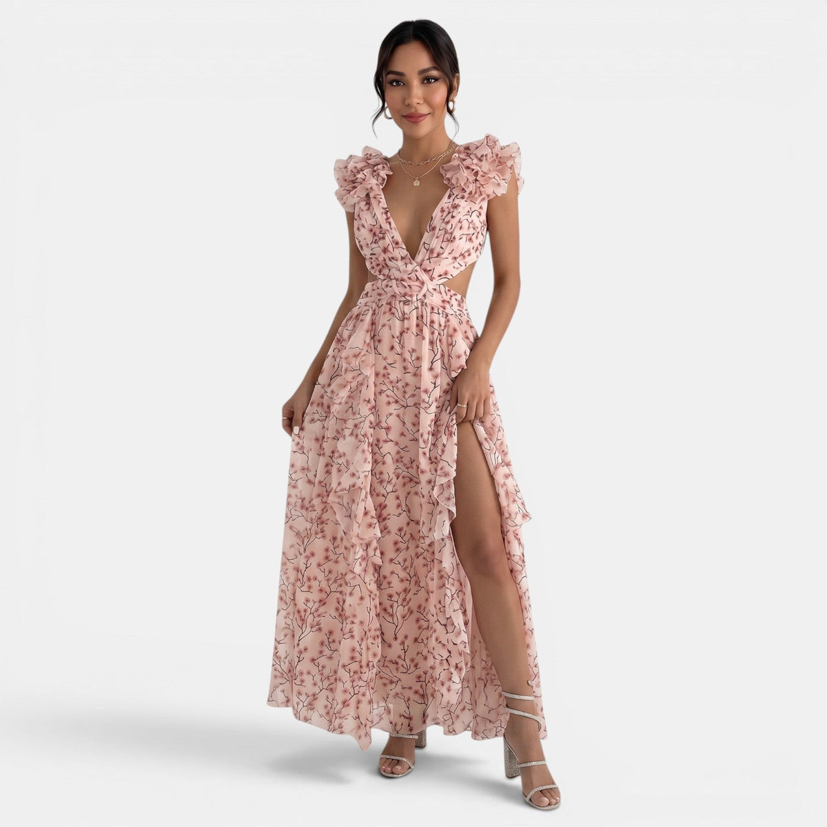 Floral Maxi Ruffle V-Neck Dress