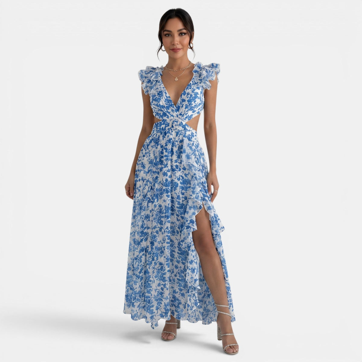 Floral Maxi Ruffle V-Neck Dress