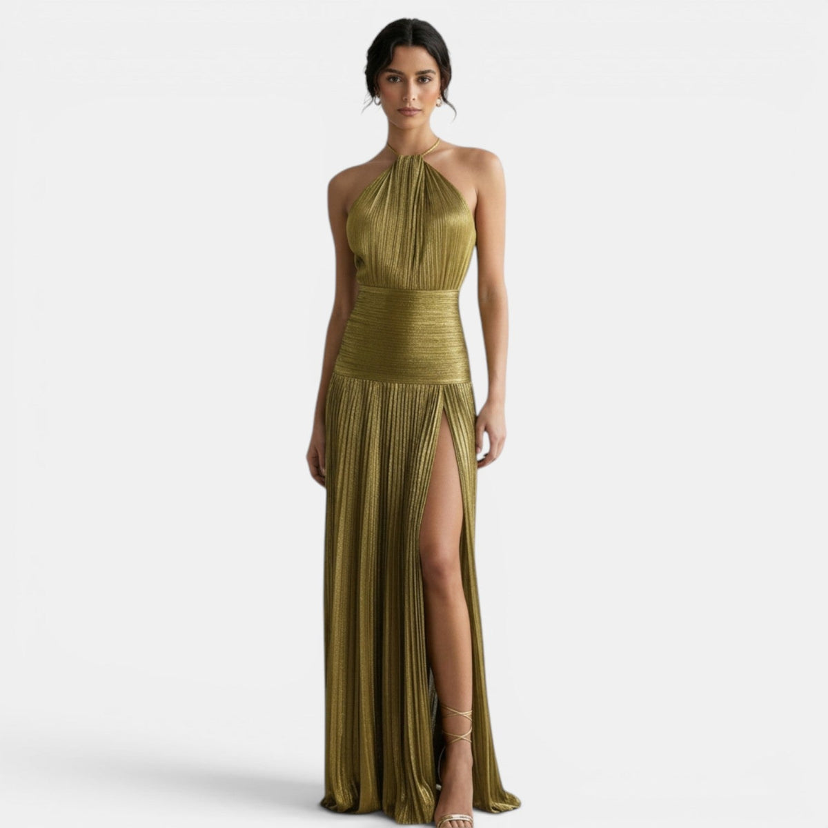 Pleated Halter Dress with Slit