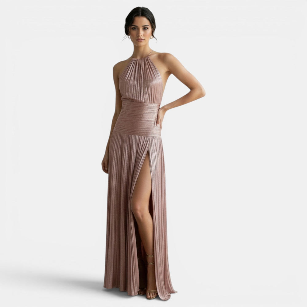 Pleated Halter Dress with Slit