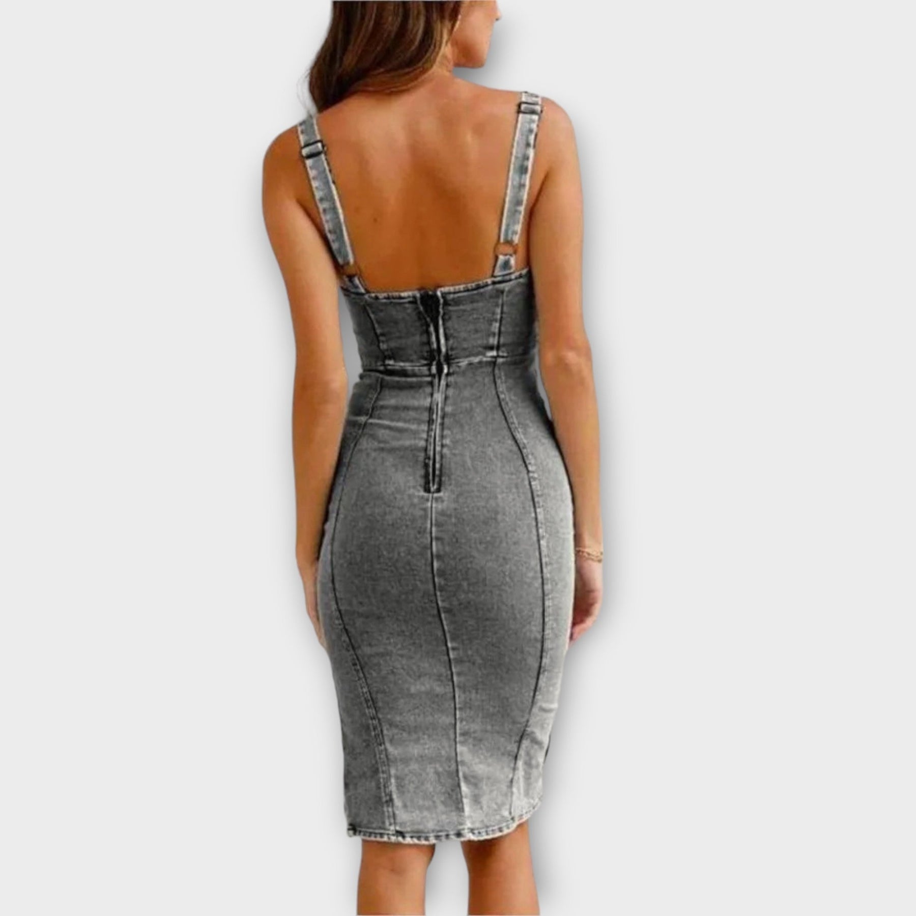 Ella Midi Dress Women – Vintage Denim Dress with Side Slit, Adjustable Straps & Stretch Comfort