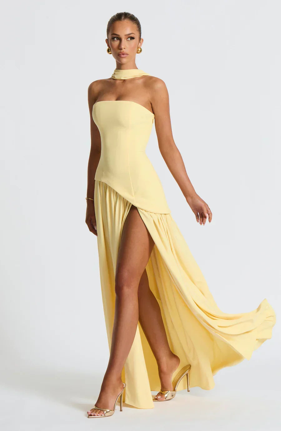 Victoria Long Dress Woman – Two-tone Strapless Evening Dress with High Slit & Matching Scarf