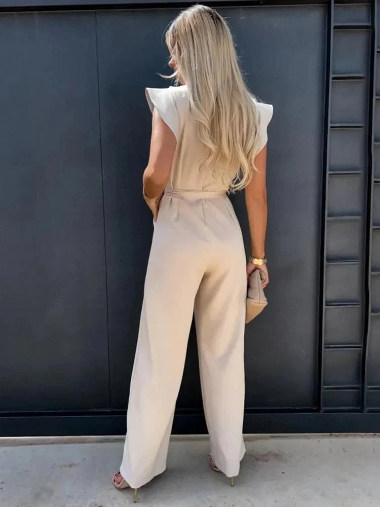 Combinaison Femme Avalon – Elegant Short Sleeve Jumpsuit with Belt & Side Slit Pockets