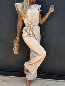Combinaison Femme Avalon – Elegant Short Sleeve Jumpsuit with Belt & Side Slit Pockets