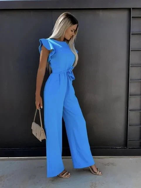 Combinaison Femme Avalon – Elegant Short Sleeve Jumpsuit with Belt & Side Slit Pockets