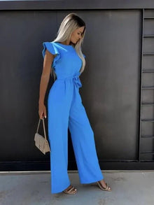 Combinaison Femme Avalon – Elegant Short Sleeve Jumpsuit with Belt & Side Slit Pockets