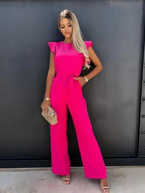 Combinaison Femme Avalon – Elegant Short Sleeve Jumpsuit with Belt & Side Slit Pockets