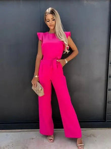 Combinaison Femme Avalon – Elegant Short Sleeve Jumpsuit with Belt & Side Slit Pockets