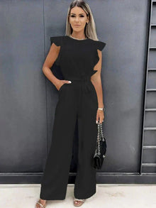 Combinaison Femme Avalon – Elegant Short Sleeve Jumpsuit with Belt & Side Slit Pockets