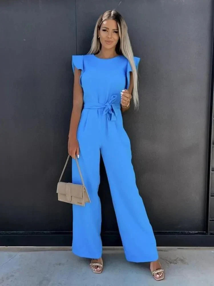 Combinaison Femme Avalon – Elegant Short Sleeve Jumpsuit with Belt & Side Slit Pockets