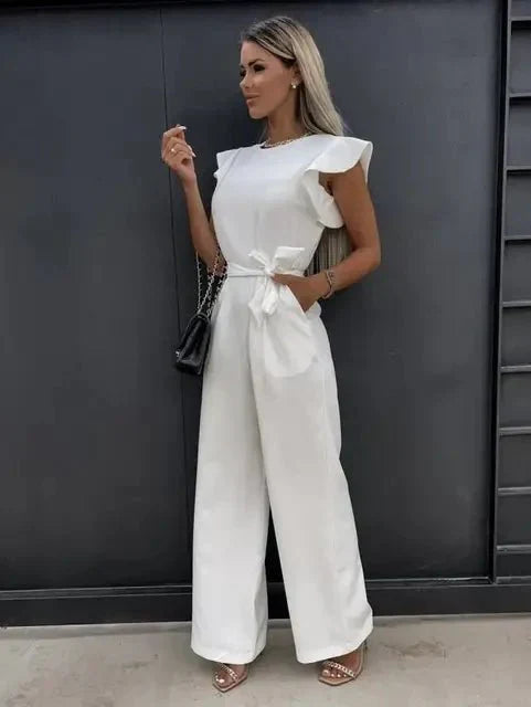 Combinaison Femme Avalon – Elegant Short Sleeve Jumpsuit with Belt & Side Slit Pockets