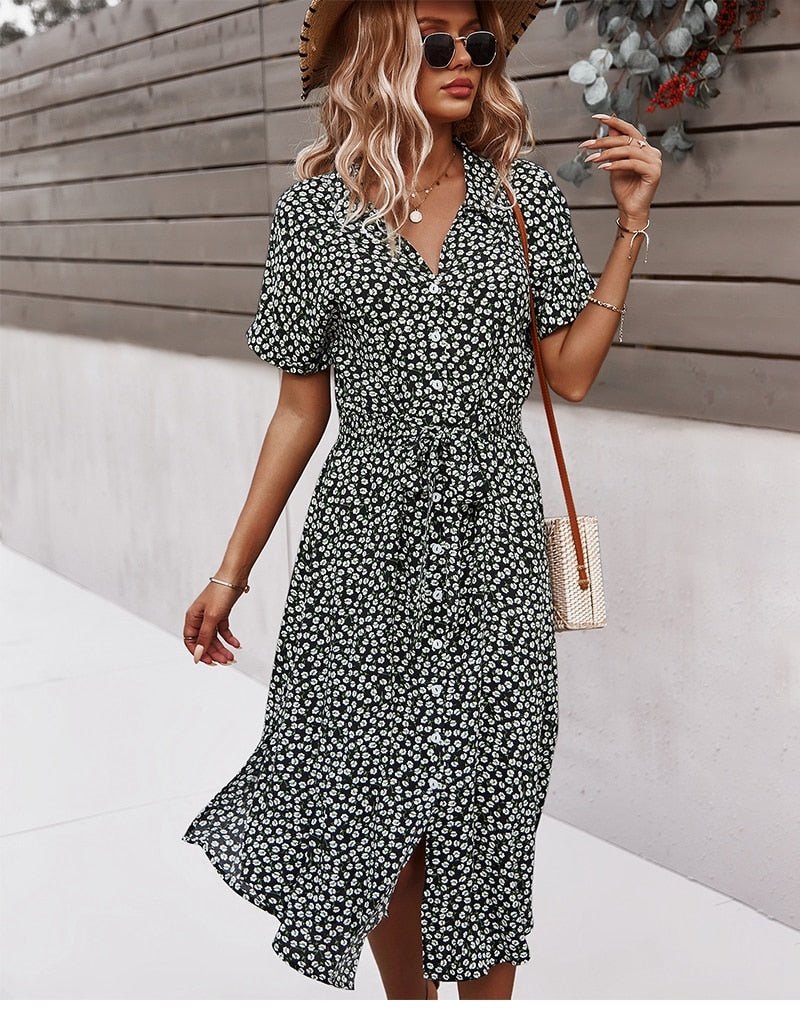 Luretta Robe Femme – Flowing Floral Dress with Waist Belt & Flattering Cut for Summer