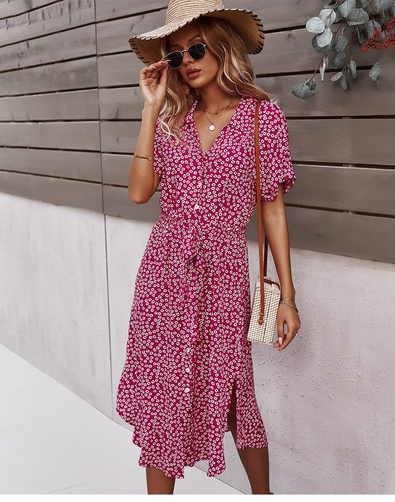 Luretta Robe Femme – Flowing Floral Dress with Waist Belt & Flattering Cut for Summer