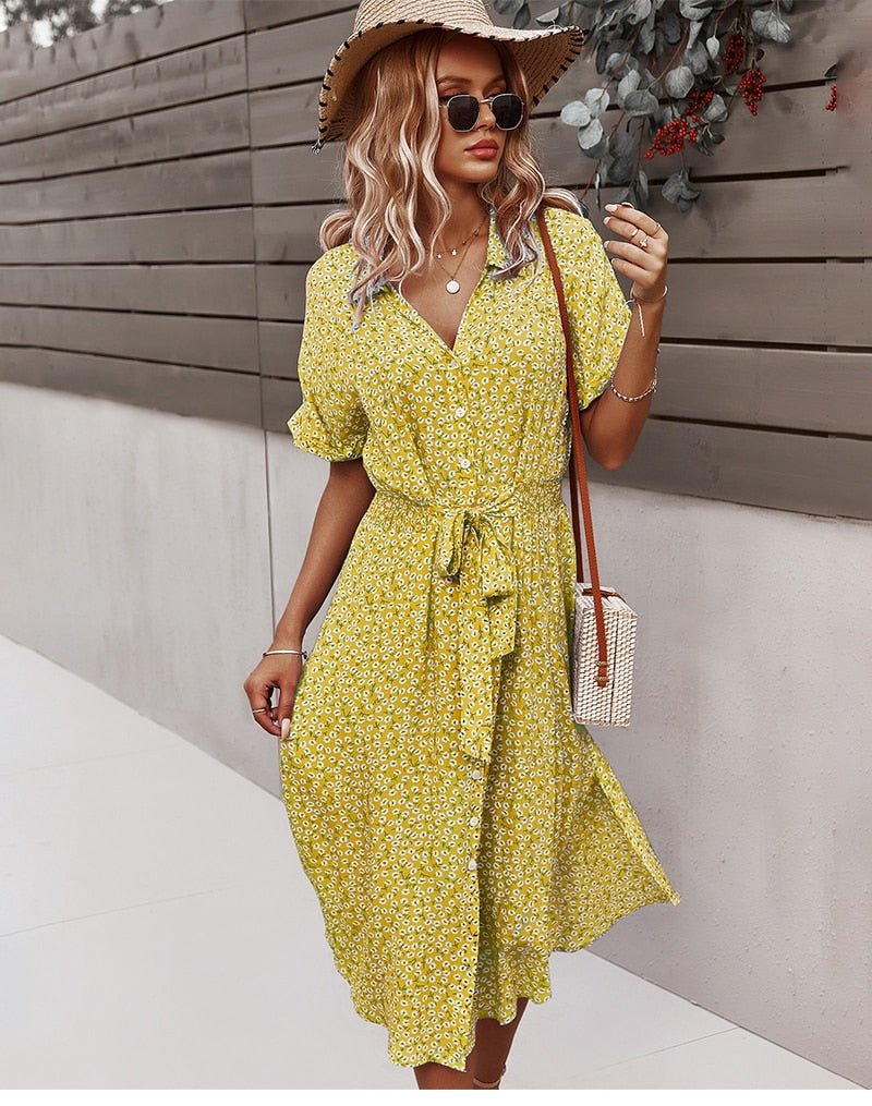 Luretta Robe Femme – Flowing Floral Dress with Waist Belt & Flattering Cut for Summer