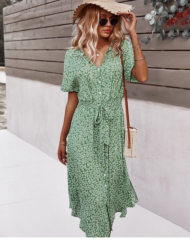 Luretta Robe Femme – Flowing Floral Dress with Waist Belt & Flattering Cut for Summer