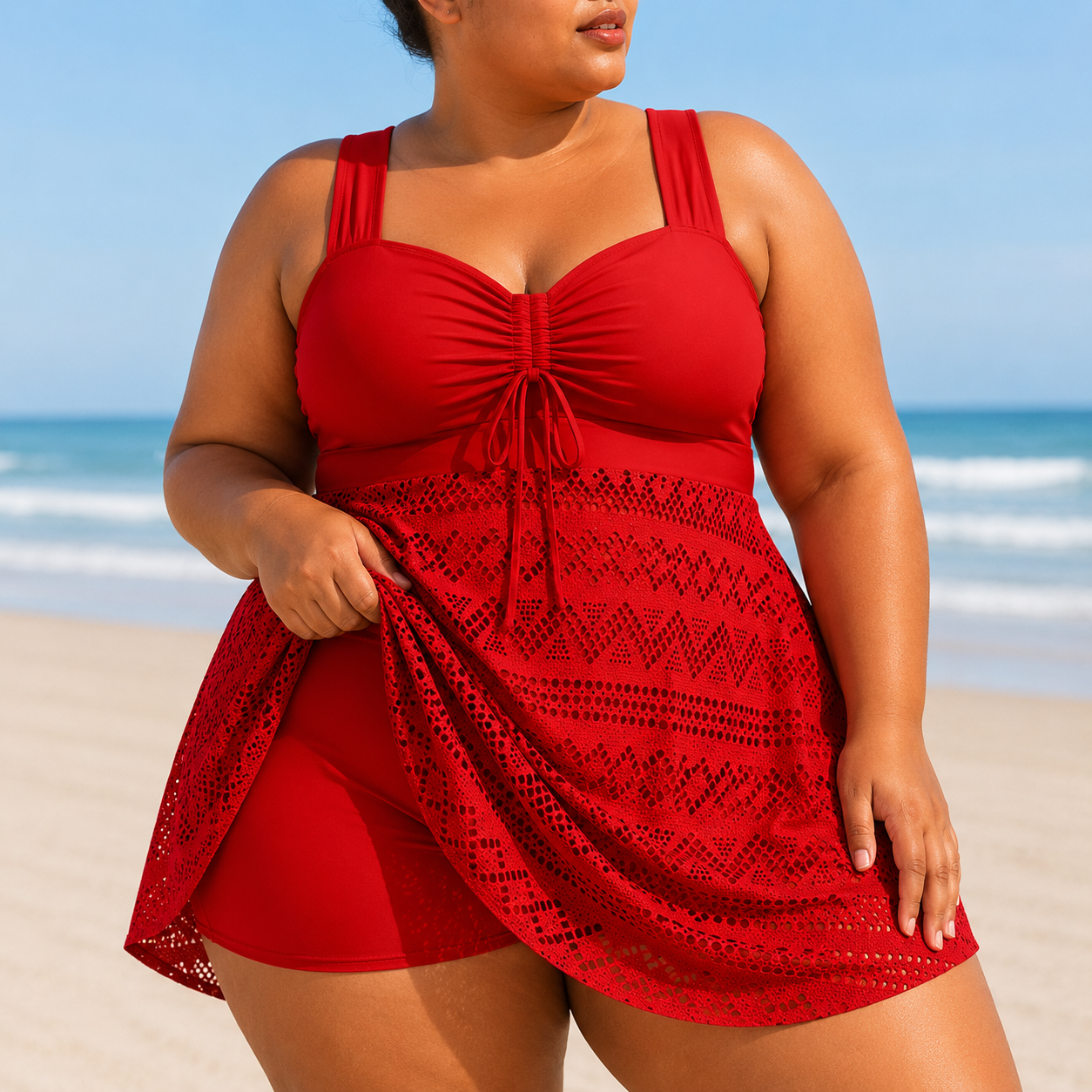 Red one-piece swim dress with a structured, supportive top and a flowing overlay, featuring a textured hem and wide straps.