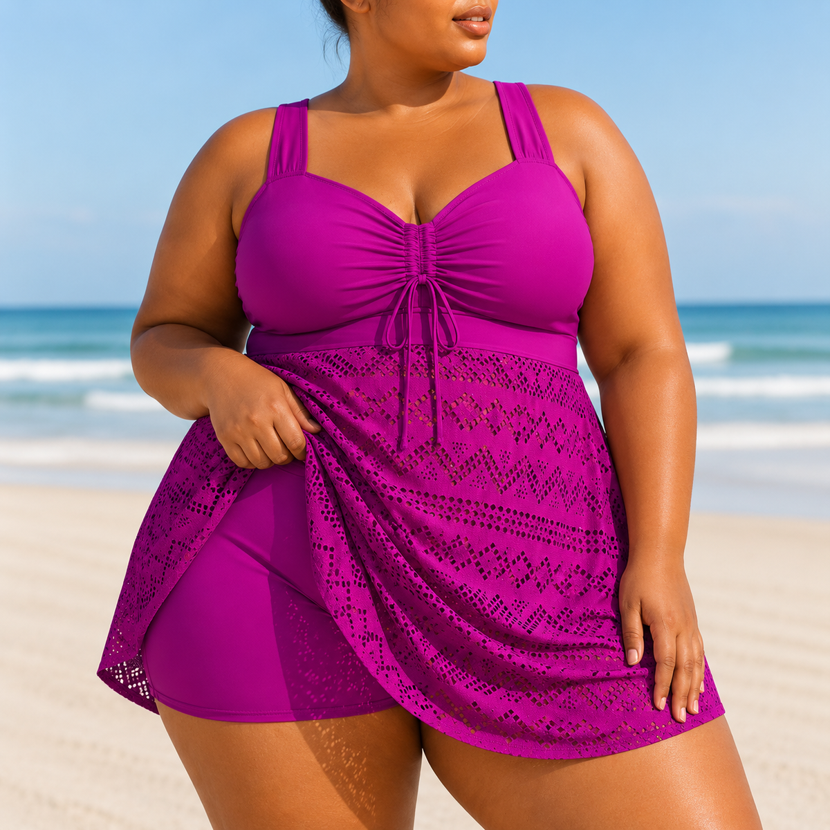 Purple swim dress with a structured top and flowing overlay, featuring wide straps and a relaxed fit, worn at the beach.