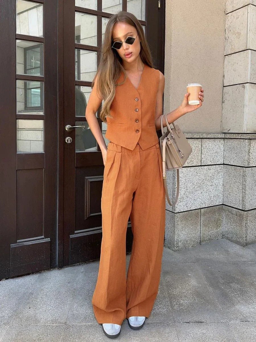 Freya Linen Set Women – Summer Coordinated with Sleeveless Vest & Wide Pants in Natural Style