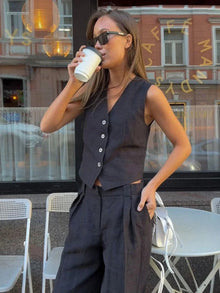 Freya Linen Set Women – Summer Coordinated with Sleeveless Vest & Wide Pants in Natural Style