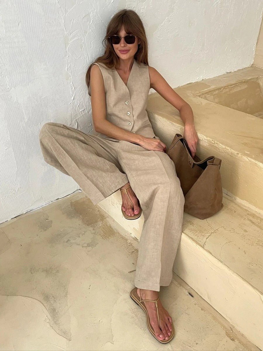 Freya Linen Set Women – Summer Coordinated with Sleeveless Vest & Wide Pants in Natural Style
