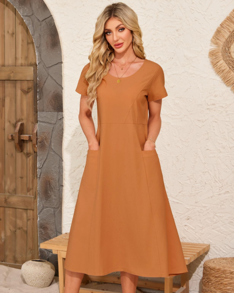 Sussie Maxi Cotton Dress for Women – Summer Dress with Round Neck, Loose Fit & Comfortable Pockets