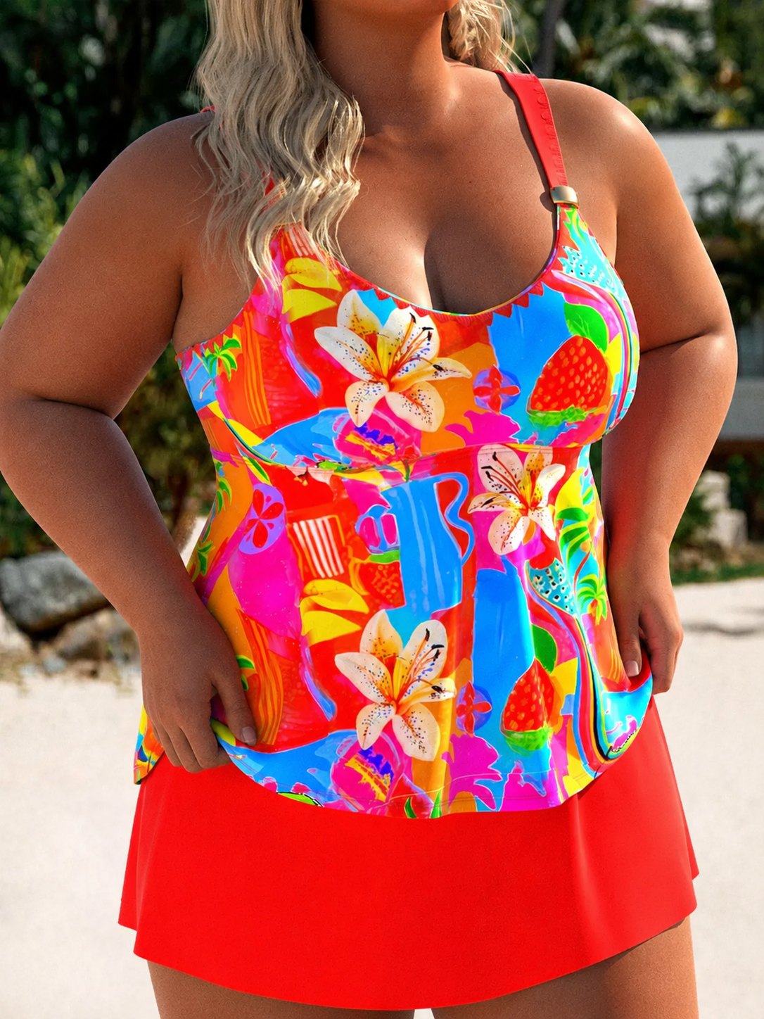 Colorful floral tankini swimsuit featuring a scooped neckline and adjustable straps, paired with a red skirt.
