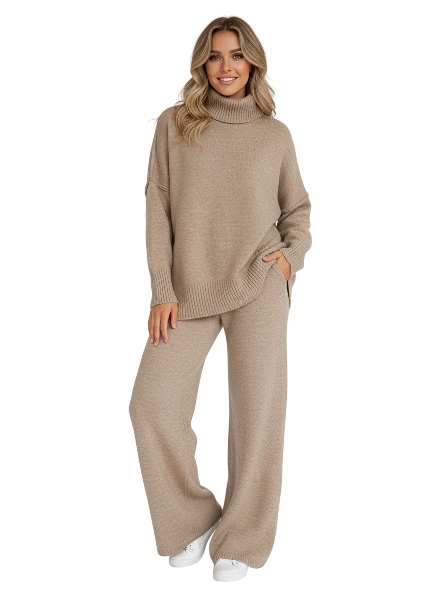 Shaina Women's Loungewear Set – Knit Turtleneck & Wide Comfortable Pants Set
