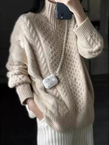 Adeline Zipped Vest Women with Turtleneck – Warm Twisted Knit with Hip Cut for Autumn/Winter