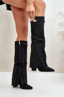 Amélie High Boots – Black Suede Boots with Pointed Toe & Elegant Details