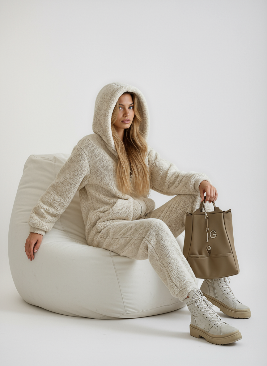 Madelyn Ensemble Loungewear Woman in Teddy Fleece – Ultra-Soft, Relaxed Fit with Cozy Beige Design