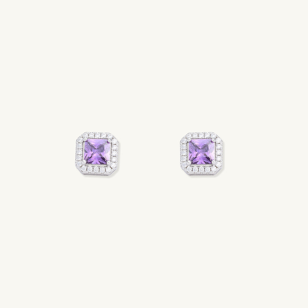 Purple Square Pave Halo Stud Earrings
