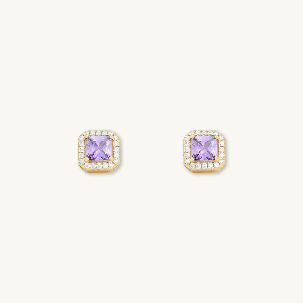 Purple Square Pave Halo Stud Earrings