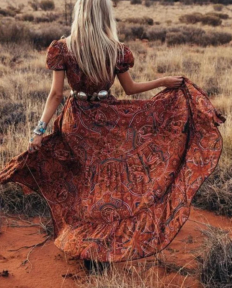 Azaria Long Bohemian Dress – Maxi Dress Woman with Paisley Pattern and Chic Fluid Style