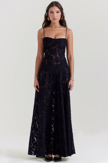 Kira Robe Longue Femme – Elegant Black Lace Dress with Floral Details & Flattering Slim Fit