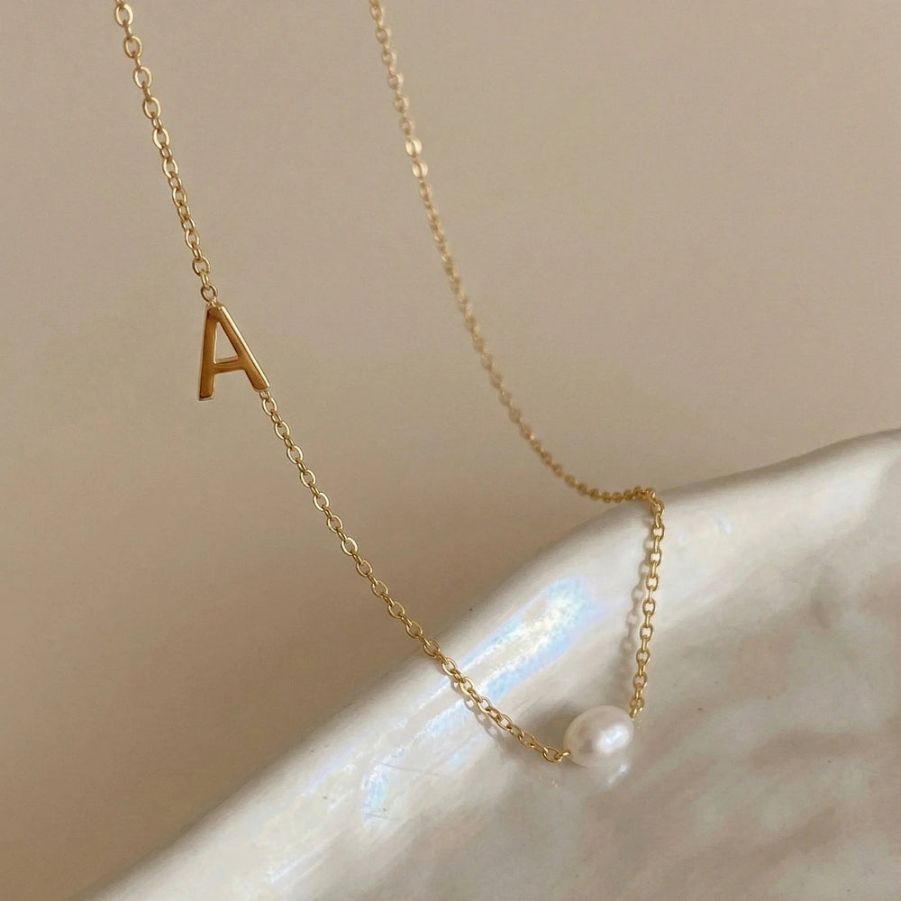 Sideways A-Z Initial Letter Freshwater Pearl Necklace