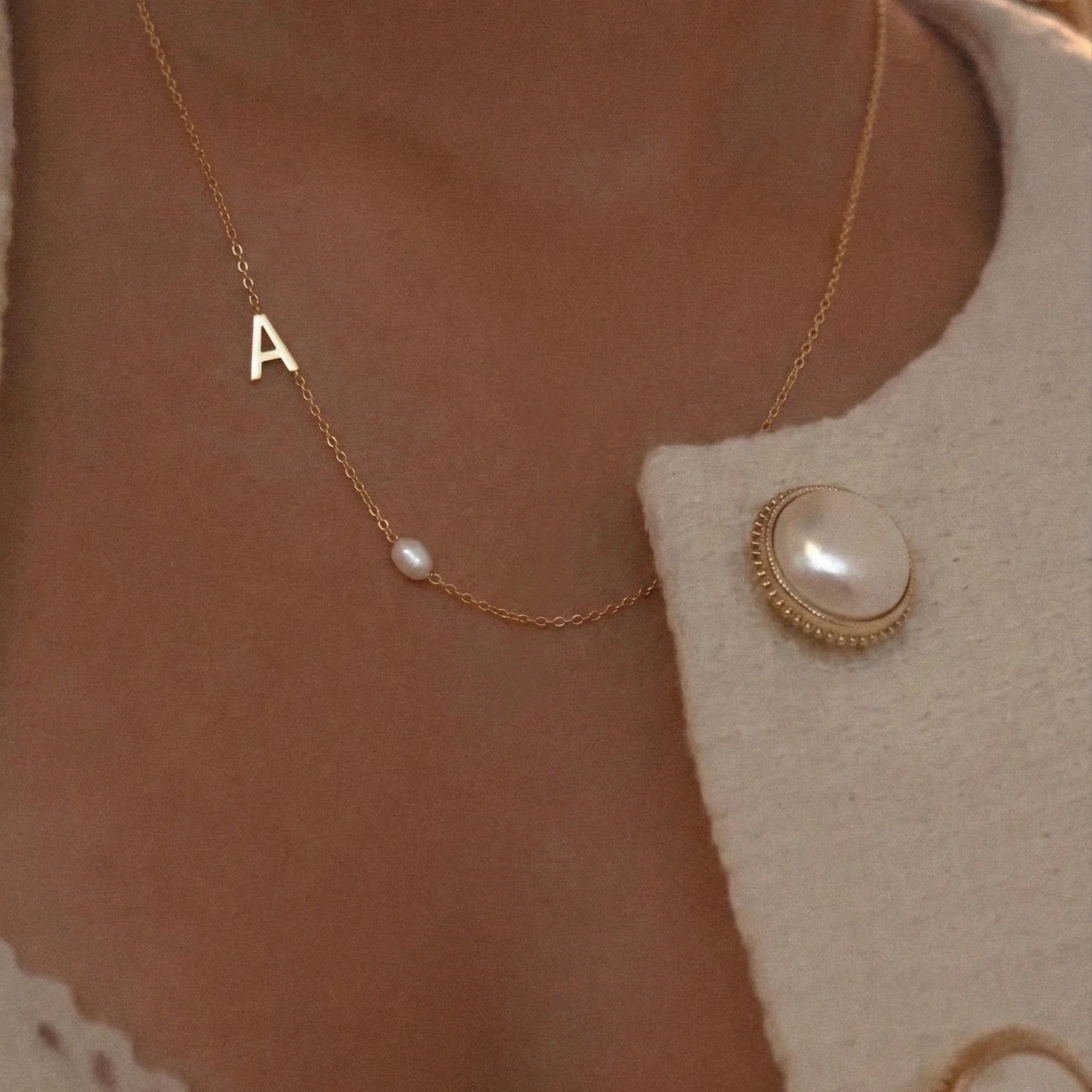 Sideways A-Z Initial Letter Freshwater Pearl Necklace