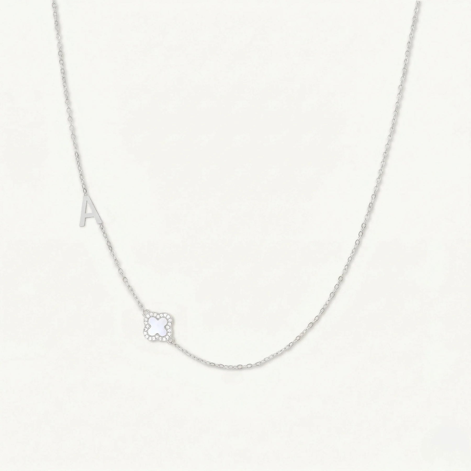 Sideways Single Initial Letter Clover MOP Necklace