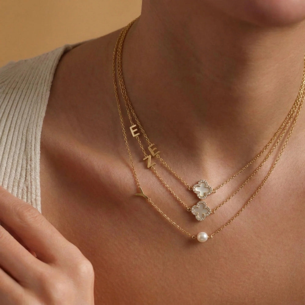 Sideways Single Initial Letter Clover MOP Necklace