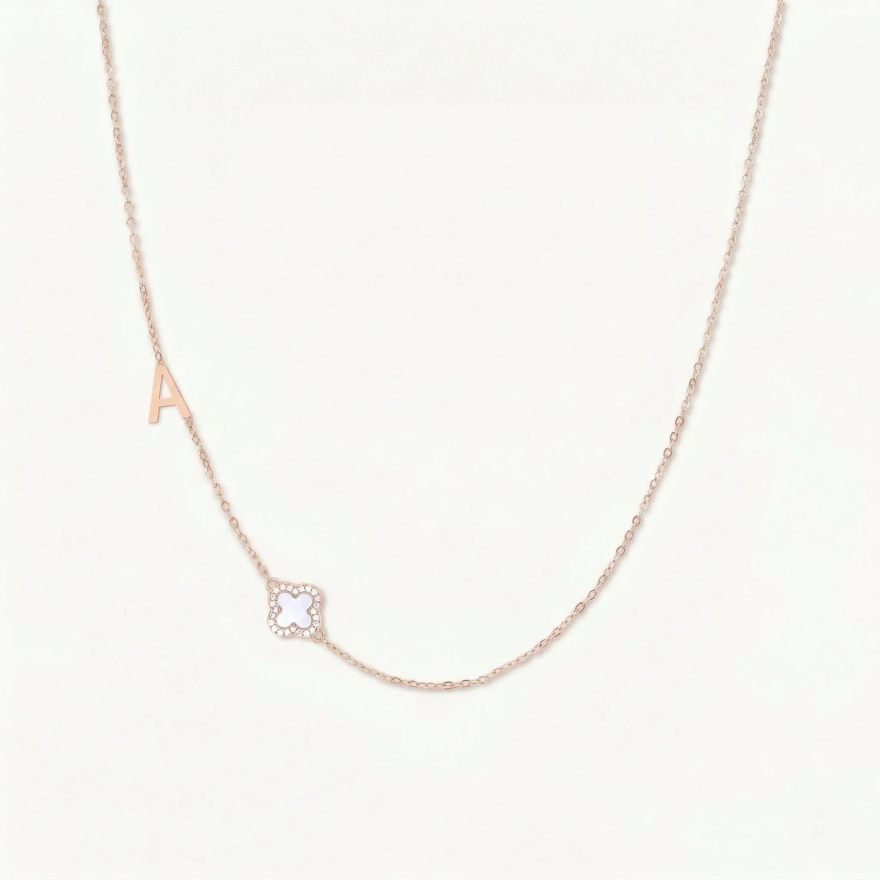 Sideways Single Initial Letter Clover MOP Necklace