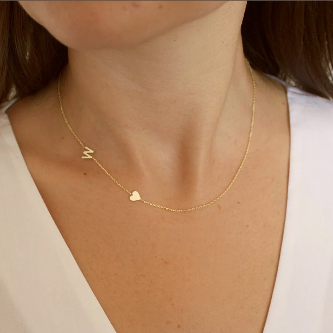 Sideways Single Initial Letter Solid Heart Necklace