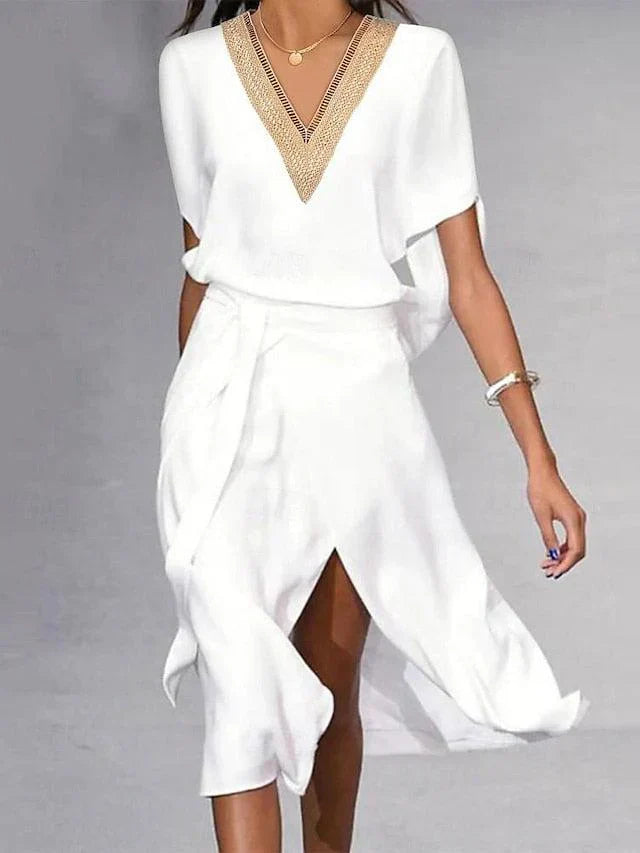 Isabella Robe Midi Femme – Elegant White Dress with V-Neck & Timeless Minimalist Design