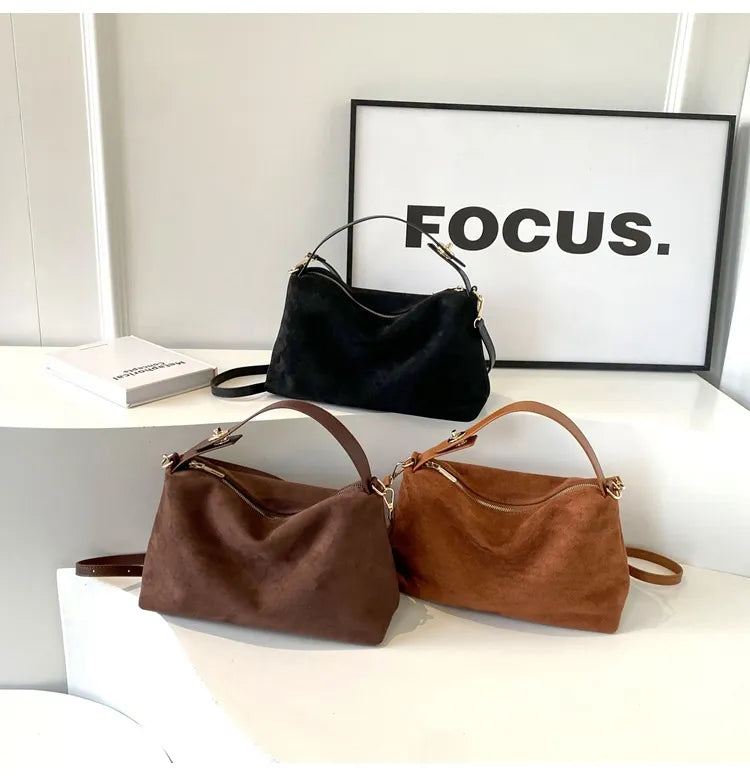 Maëlle Shoulder Bag Woman – Elegant Suede Bag with Faux Leather Handle & Large Compartment