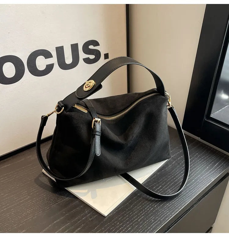 Maëlle Shoulder Bag Woman – Elegant Suede Bag with Faux Leather Handle & Large Compartment