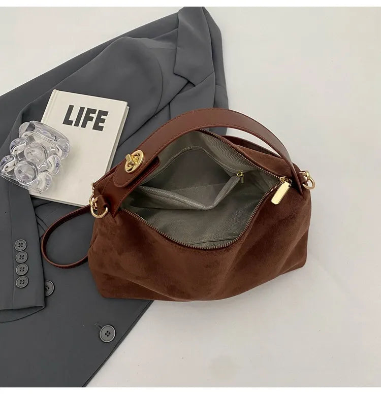 Maëlle Shoulder Bag Woman – Elegant Suede Bag with Faux Leather Handle & Large Compartment