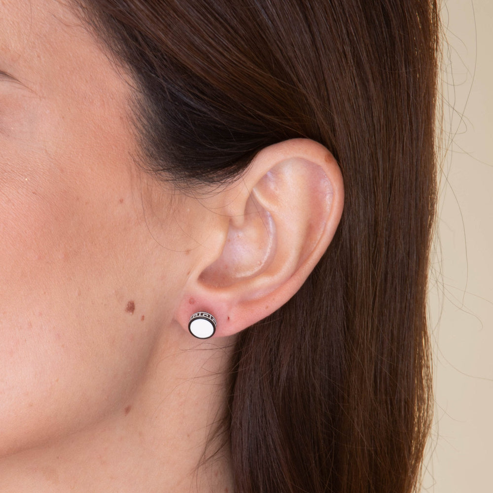 Unisex Circle White Enamel Greek Stud Earrings
