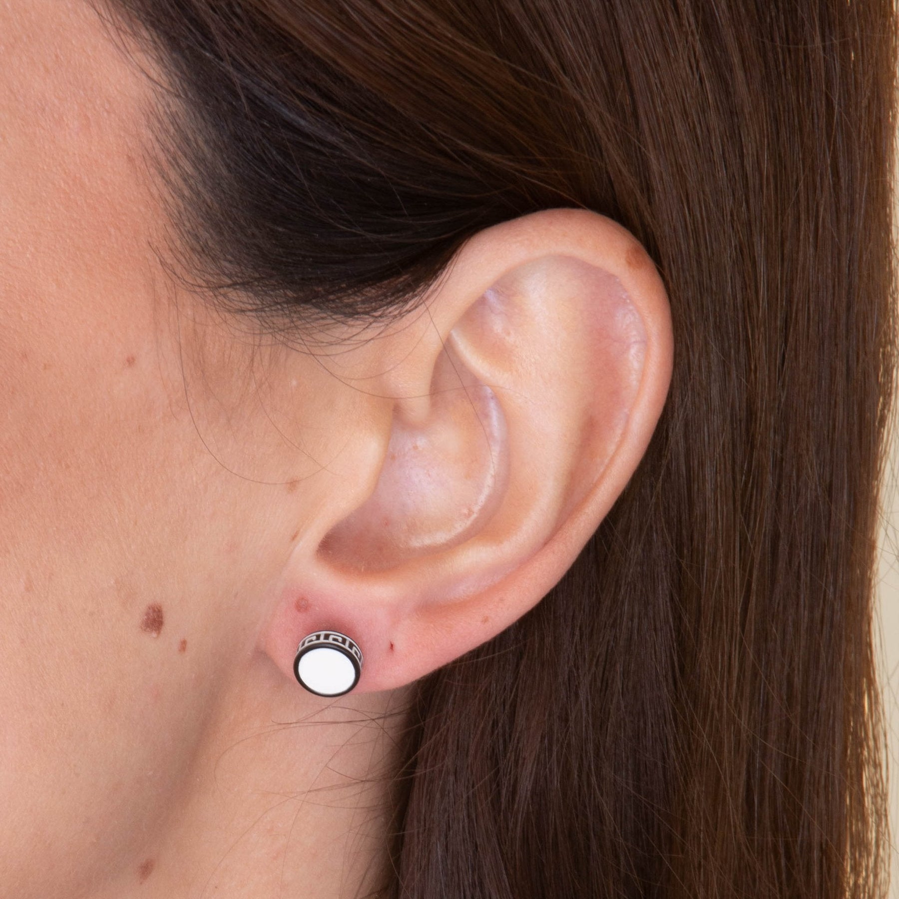 Unisex Circle White Enamel Greek Stud Earrings