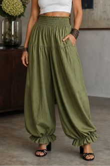 Wearbella – Smocked Waist Ruffled Hem Wide Leg Pants