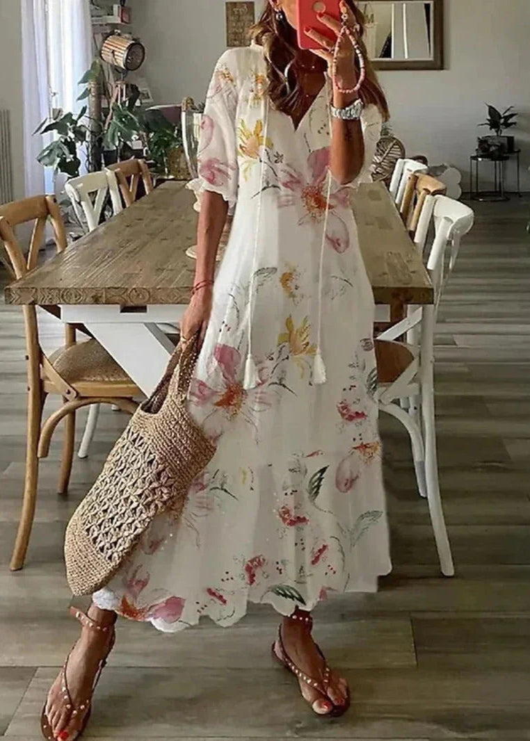 Kasey Summer Dress Woman – Long Light Dress with Floral Print, Waist Belt & Mid-length Sleeves