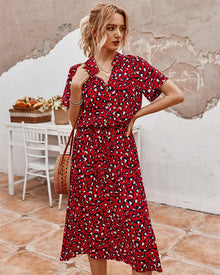 Ulvienne Summer Dress Women – Midi Dress with Short Sleeves with Waist Belt & Trendy Print